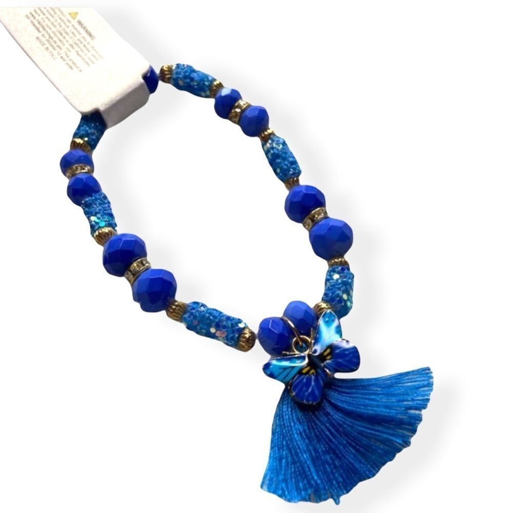 BLUE Beaded Butterfly Tassel Bracelet